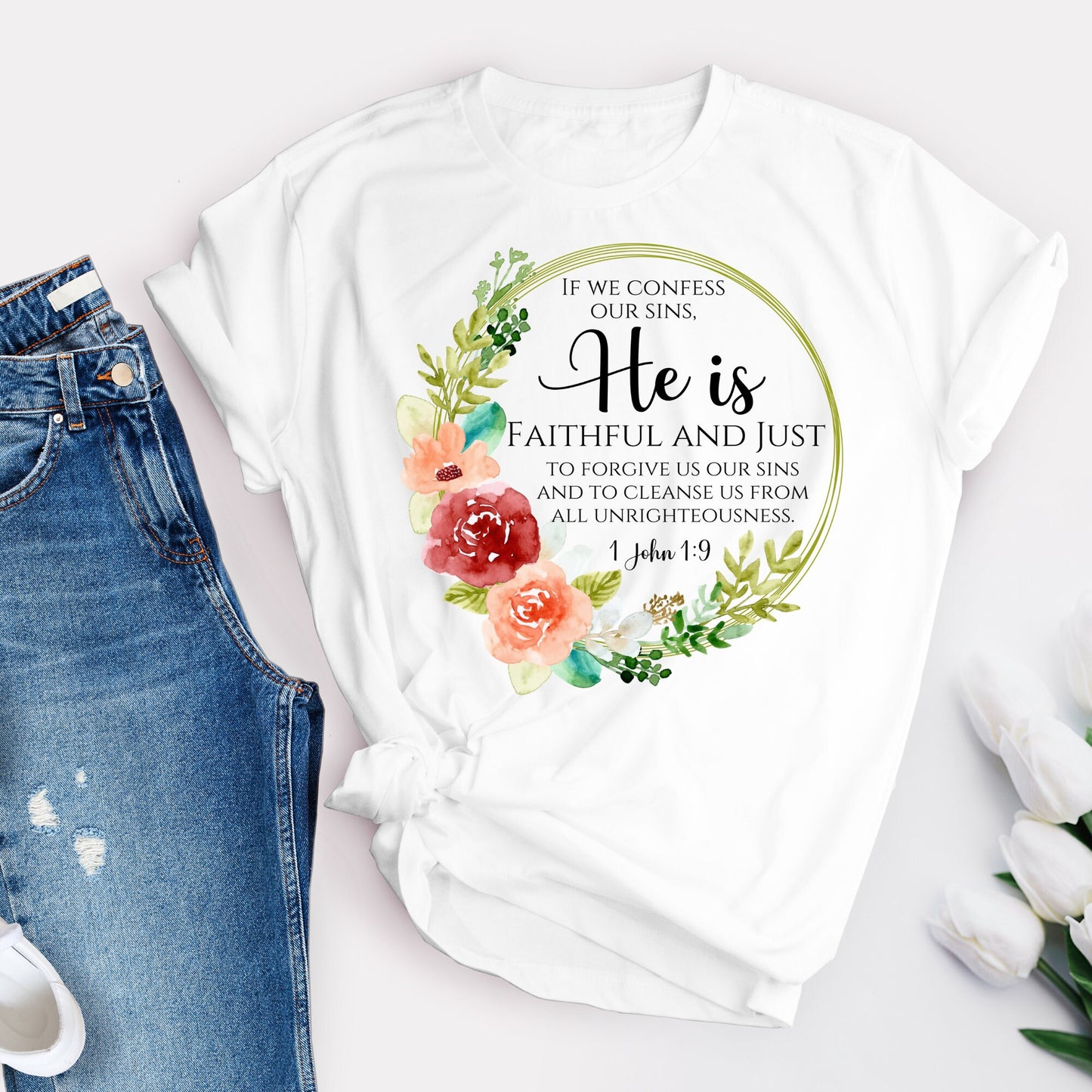 He Is Faithful & Just Floral Scripture Wall Art Decor.