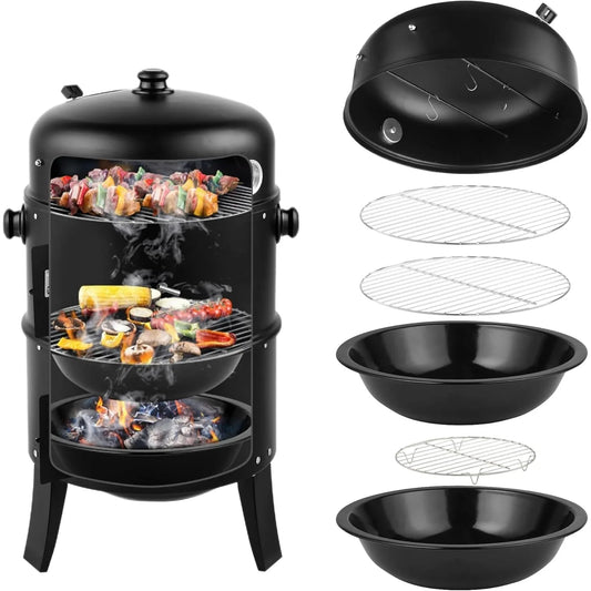 **16 Inch Portable 3-in-1 Charcoal BBQ Smoker Grill with Thermometer & Vent Control.**