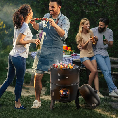 **16 Inch Portable 3-in-1 Charcoal BBQ Smoker Grill with Thermometer & Vent Control.**