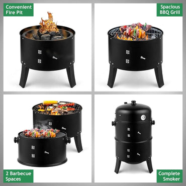 **16 Inch Portable 3-in-1 Charcoal BBQ Smoker Grill with Thermometer & Vent Control.**