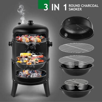 **16 Inch Portable 3-in-1 Charcoal BBQ Smoker Grill with Thermometer & Vent Control.**