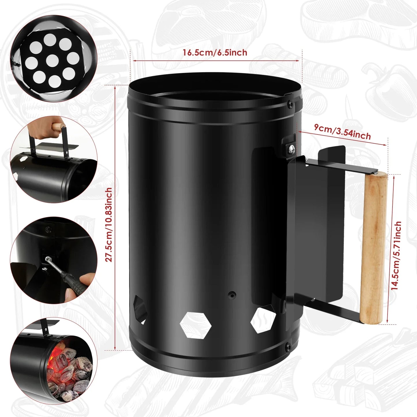 Rapid Wood Handle Charcoal Chimney for Quick Backyard BBQs.