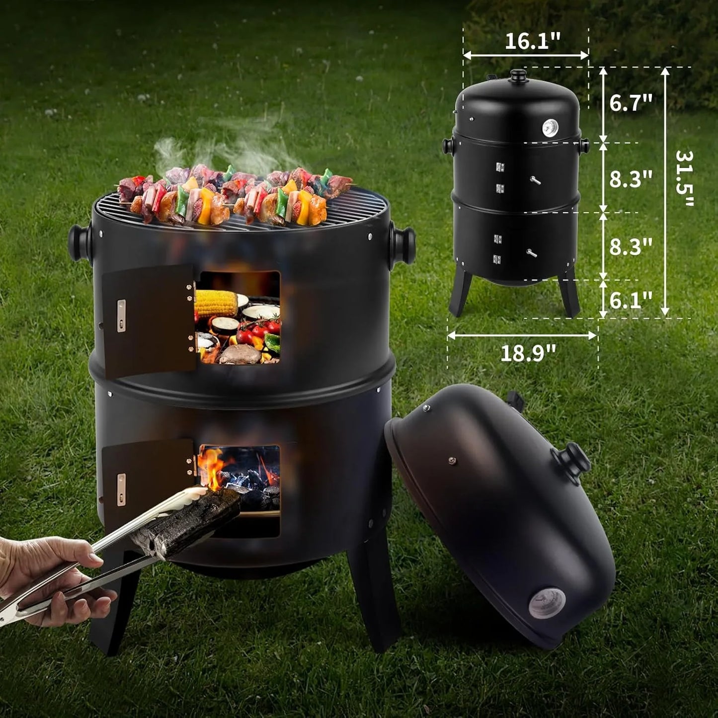 **16 Inch Portable 3-in-1 Charcoal BBQ Smoker Grill with Thermometer & Vent Control.**