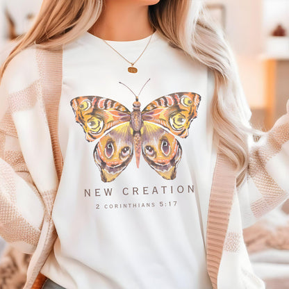 Trendy Transformed Butterfly Sweatshirt: 2 Corinthians 5:17 New Creation Verse