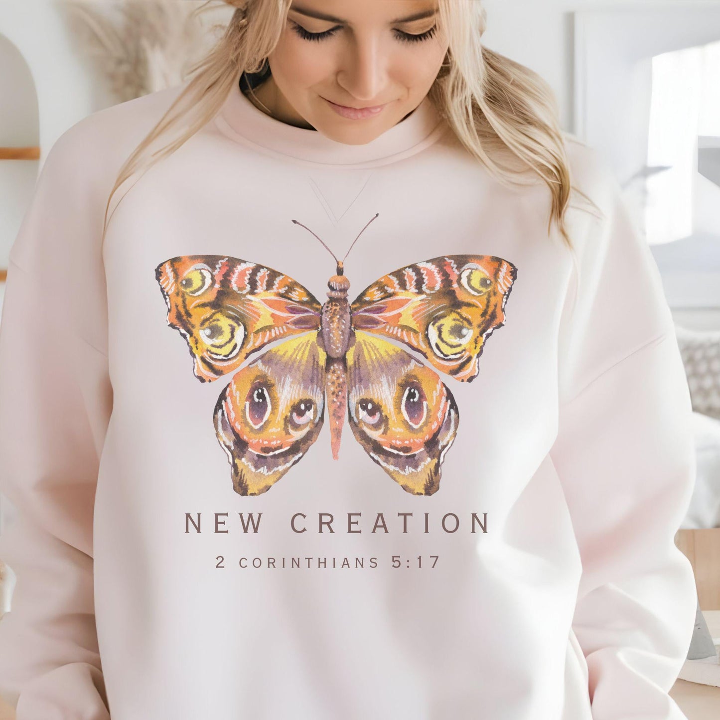 Trendy Transformed Butterfly Sweatshirt: 2 Corinthians 5:17 New Creation Verse